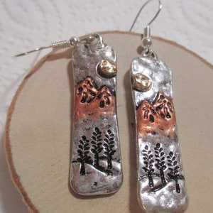 Three Tone Trees with Mountains and Moon Earrings