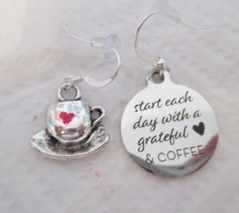 Grateful Heart and Coffee Mismatched Silver Earrings one pair