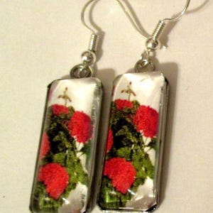 Red Geraniums Glass Rectangle Earrings