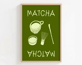 Stampa artistica del tè Matcha: illustrazione giapponese stravagante del tè Matcha, decorazione da parete per cucina verde
