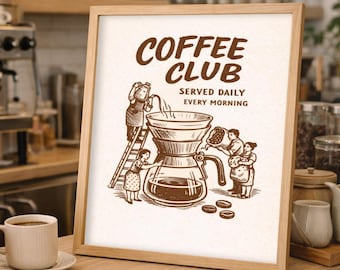 Vintage Coffee Club SVG | Retro Barista Wall Art | Hand Drawn Coffee Poster PNG | Coffee Lover Gift | Rustic Cafe Decor | Digital Download