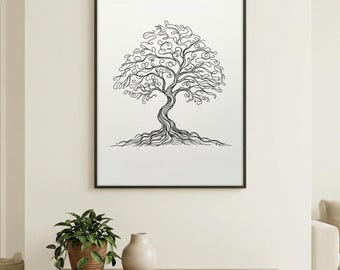 Continuous Line Art Tree of Life | Minimalist Rooted Tree Drawing | Botanical Print Digital Download | Abstract Nature Wall Art