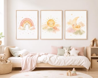 Cute Rainbow Sun Moon Nursery Art Set of 3 | After the Rain Little Light Sweet Dreams | Pastel Watercolor Prints | Digital Download | JPG