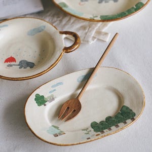 Hand Painted Ceramic Plate, Kids Drawing Inspired, Whimsical Storybook Design Pottery