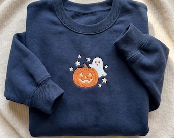 Sudadera bordada de Halloween, cuello redondo con estampado de fantasma de calabaza, regalo de temporada espeluznante, sudadera de otoño
