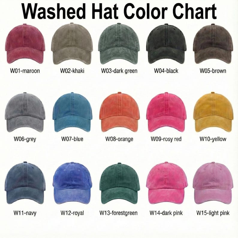 Peut inclure: Un nuancier pr&eacute;sentant 15 casquettes de baseball d&eacute;lav&eacute;es de diff&eacute;rentes couleurs, dont bordeaux, kaki, vert fonc&eacute;, noir, marron, gris, bleu, orange, rose vif, jaune, marine, royal, vert for&ecirc;t, rose fonc&eacute; et rose clair. Le texte "Washed Hat Color Chart" est en haut.