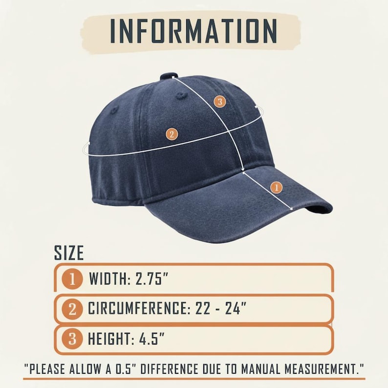 Peut inclure: Casquette de baseball bleu marine avec informations de taille. La largeur est de 7 cm, la circonf&eacute;rence est de 56-61 cm et la hauteur est de 11,4 cm. Le texte "INFORMATION" est en haut.