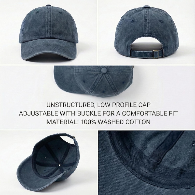 Peut inclure: Casquette de baseball bleu marine d&eacute;lav&eacute; avec une visi&egrave;re incurv&eacute;e. La casquette est non structur&eacute;e et poss&egrave;de une fermeture &agrave; boucle r&eacute;glable. Le texte sur l'image indique : "UNSTRUCTURED, LOW PROFILE CAP ADJUSTABLE WITH BUCKLE FOR A COMFORTABLE FIT MATERIAL: 100% WASHED COTTON."