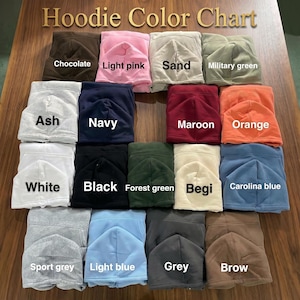Puede incluir: Una tabla de colores de sudaderas con capucha que muestra veinte sudaderas plegadas en varios colores, incluyendo chocolate, rosa claro, arena, verde militar, ceniza, azul marino, granate, naranja, blanco, negro, verde bosque, beige, azul carolina, gris deportivo, azul claro, gris y marr&oacute;n.