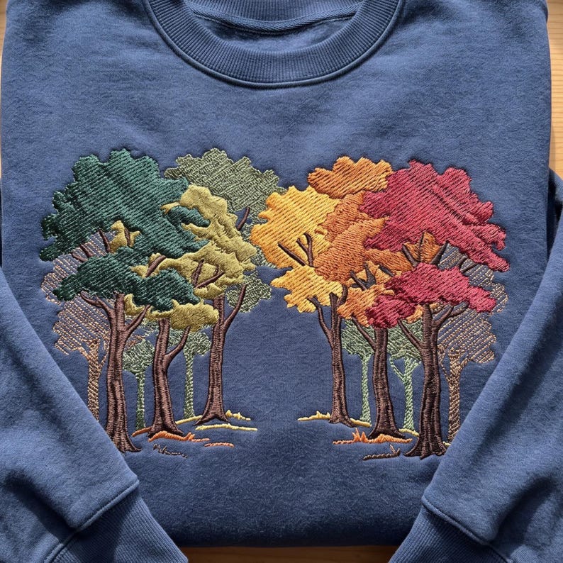 Puede incluir: Una sudadera azul de cuello redondo con un dise&ntilde;o bordado detallado de una escena forestal. El bordado muestra varios &aacute;rboles con follaje en tonos verde oscuro, verde claro, amarillo, naranja y rojo sobre la tela azul s&oacute;lida.