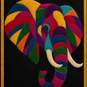May include: A colorful quilt featuring an elephant design. The elephant is composed of vibrant, geometric shapes in shades of red, yellow, green, blue, and purple. The background is black with a yellow border.