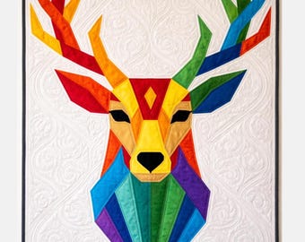 Boho Deer Quilt Pattern PDF, Animal Patchwork Sewing Pattern, Applique & Collage Pattern, Geometric deer Quilt.