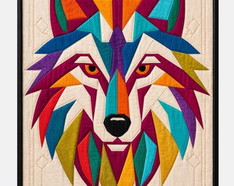 Wolf Quilt Pattern PDF | Boho Applique Wolf Design | Patchwork Wall Hanging | Printable Sewing Pattern A4 A2 US Letter