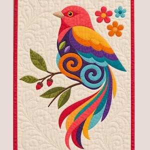 May include: A rectangular wall hanging quilt featuring a vibrant bird with a red head, orange, purple, and teal wings, and a long multi-colored tail. The bird sits on a brown branch with green leaves. The background is cream with swirl stitching.