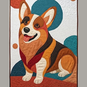 May include: A rectangular quilted wall hanging featuring a stylized Corgi dog in shades of brown, black, and white. The dog is positioned against a background of white, teal, and orange circular shapes with intricate swirling stitch patterns.