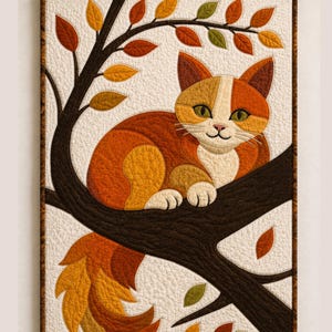May include: A rectangular fabric wall hanging featuring a quilted design of a ginger and white cat perched on a dark brown tree branch. The background is off-white with a textured stitch pattern, accented by scattered autumn-coloured leaves.