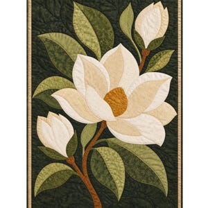 Applikations-Quiltmuster „Magnoliengarten“, Magnolienblumen-Quilt, botanisches Quiltmuster, floraler Wandbehang, PDF-Anleitung für Applikationen mit offener Kante