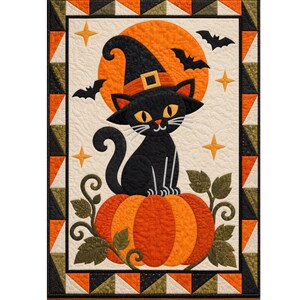 Retro heksenkattenquiltpatroon, Halloween zwarte kat applicatiequilt PDF, applicatie met rafelige rand, pompoen heksenhoed wanddecoratie, patchwork