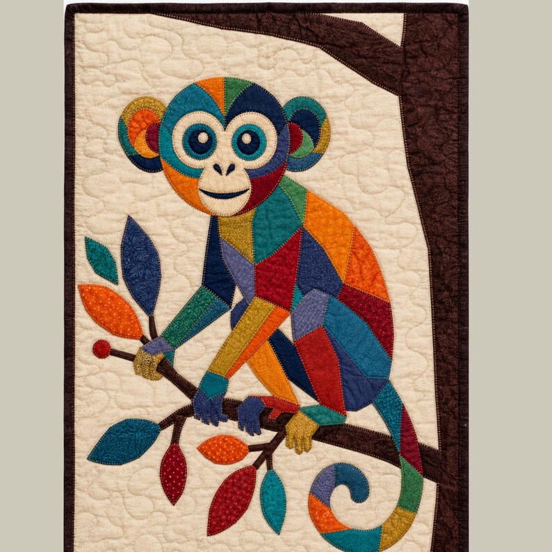 Puede incluir: Un tapiz rectangular de tela que presenta un mono de patchwork geom&eacute;trico y colorido posado sobre una rama de &aacute;rbol de color marr&oacute;n oscuro. El mono est&aacute; compuesto por segmentos de tela multicolor en azul, naranja, rojo y amarillo sobre un fondo crema.