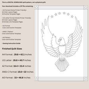 Puede incluir: Patr&oacute;n de edred&oacute;n digital descargable con un dise&ntilde;o de &aacute;guila. El patr&oacute;n incluye varios formatos, como A4 (75.7 x 107 cm) y US Letter (73.2 x 103.4 cm). La descarga incluye p&aacute;ginas de dise&ntilde;o en color, plantillas de contorno y una gu&iacute;a de costura. Imagen digital.