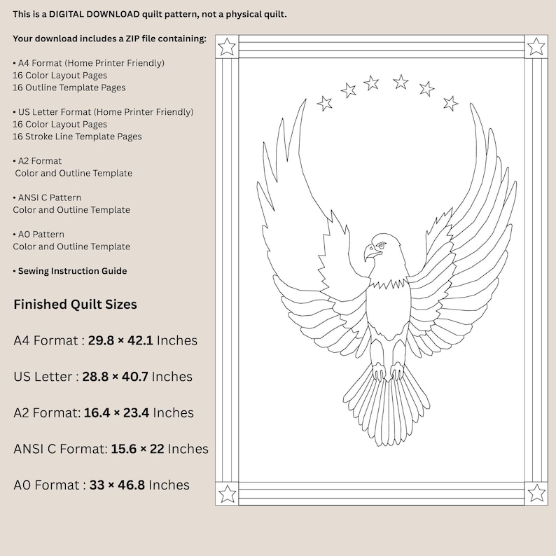 Puede incluir: Patr&oacute;n de edred&oacute;n digital descargable con un dise&ntilde;o de &aacute;guila. El patr&oacute;n incluye varios formatos, como A4 (75.7 x 107 cm) y US Letter (73.2 x 103.4 cm). La descarga incluye p&aacute;ginas de dise&ntilde;o en color, plantillas de contorno y una gu&iacute;a de costura. Imagen digital.