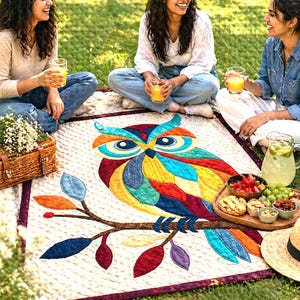 Può includere: Una colorata coperta da picnic a tema gufo con un design a ramo e foglie. La coperta è su un prato verde, circondata da cibo, bevande e un cestino da picnic. Il gufo ha colori blu, giallo, rosso e arancione. La coperta misura circa 152 cm per 152 cm.