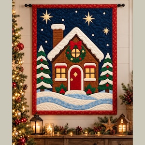 Op de afbeelding: Een rechthoekige stoffen wandhanger met een gewatteerde peperkoekhuis-scène met een rode deur, een besneeuwd dak en twee dennenbomen. De donkerblauwe nachtelijke hemel is versierd met gouden sterren en witte sneeuwvlokken, met een rode rand.