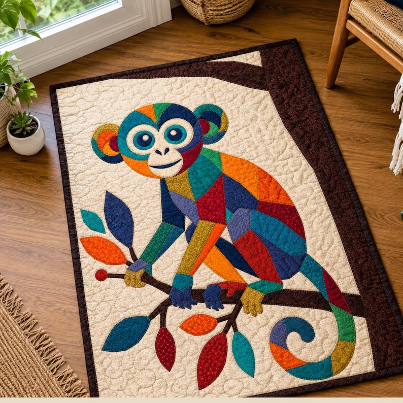 Puede incluir: Un tapiz acolchado rectangular que presenta un mono geom&eacute;trico y colorido sentado en una rama de &aacute;rbol de color marr&oacute;n oscuro. El mono est&aacute; compuesto por parches de tela vibrantes y multicolores en tonos azul, naranja, rojo y verde sobre un fondo crema.