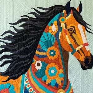May include: A colorful quilt featuring a horse head with a flowing black mane. The horse is adorned with vibrant floral and geometric patterns in shades of orange, blue, yellow, and red. The background is a light green color.