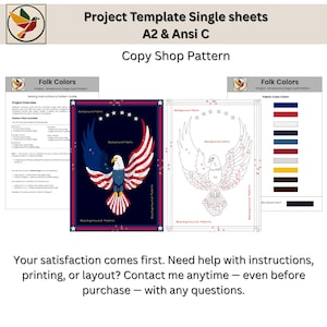 Puede incluir: Plantillas de patrones de edred&oacute;n con el texto "Project Template Single sheets A2 & Ansi C" y "Copy Shop Pattern". El dise&ntilde;o presenta un &aacute;guila con alas rojas, blancas y azules. Hojas adicionales muestran tablas de colores e instrucciones de costura.