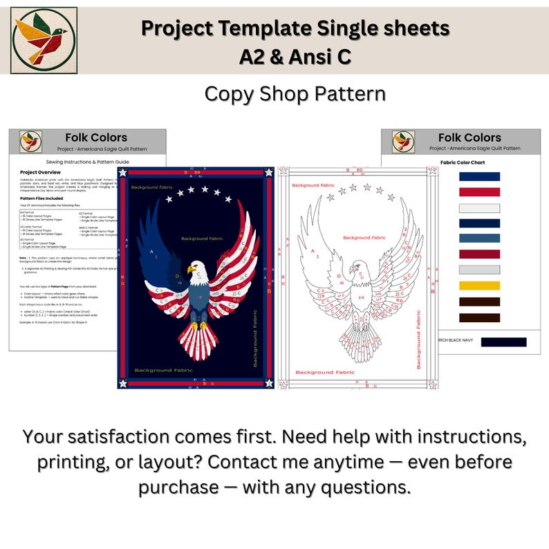 Puede incluir: Plantillas de patrones de edred&oacute;n con el texto "Project Template Single sheets A2 & Ansi C" y "Copy Shop Pattern". El dise&ntilde;o presenta un &aacute;guila con alas rojas, blancas y azules. Hojas adicionales muestran tablas de colores e instrucciones de costura.