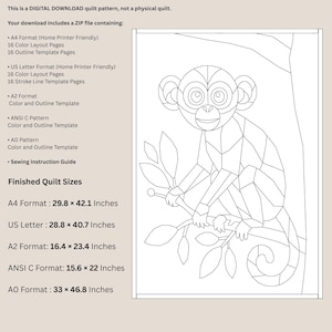 Puede incluir: Un patr&oacute;n de edred&oacute;n de descarga digital con una ilustraci&oacute;n de l&iacute;neas de un mono sentado en una rama. El texto enumera formatos de archivo como A4, US Letter, A2, ANSI C y A0, junto con tama&ntilde;os de edred&oacute;n terminados en pulgadas.