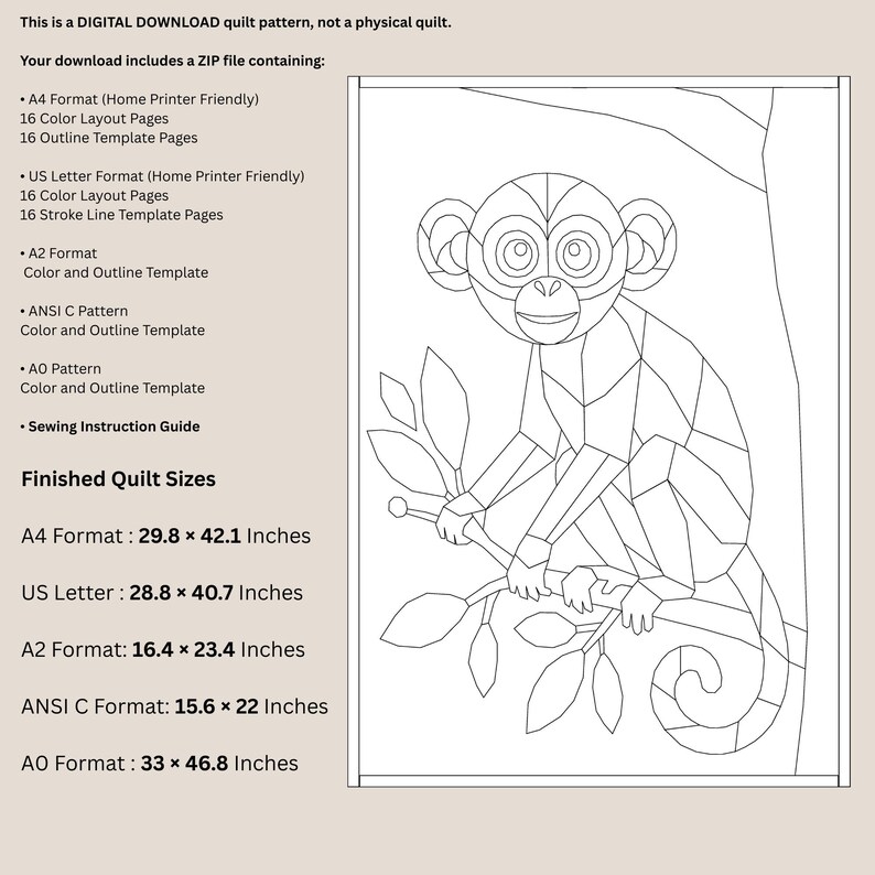 Puede incluir: Un patr&oacute;n de edred&oacute;n de descarga digital con una ilustraci&oacute;n de l&iacute;neas de un mono sentado en una rama. El texto enumera formatos de archivo como A4, US Letter, A2, ANSI C y A0, junto con tama&ntilde;os de edred&oacute;n terminados en pulgadas.