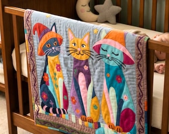 Cozy Cats Quilt Pattern – Applique Patchwork Sewing Pattern for Cat Lovers, DIY Quilt Top Template, Beginner friendly