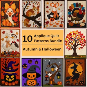 Pode incluir: Uma coleção de 10 padrões de colcha de apliques com temas de outono e Halloween, incluindo gansos, um gato, um peru, uma árvore com folhas de outono, abóboras, fantasmas e uma bruxa, com o texto 10 Applique Quilt Patterns Bundle Autumn & Halloween.