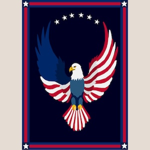 Puede incluir: Un dise&ntilde;o patri&oacute;tico con un &aacute;guila estilizada con las alas extendidas, que incorpora los colores de la bandera estadounidense: rojo, blanco y azul. El &aacute;guila est&aacute; centrada en un fondo azul oscuro, enmarcada por un borde rojo y azul con estrellas blancas.