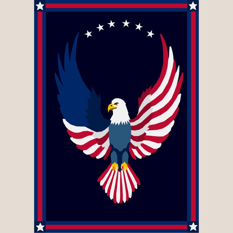 Puede incluir: Un dise&ntilde;o patri&oacute;tico con un &aacute;guila estilizada con las alas extendidas, que incorpora los colores de la bandera estadounidense: rojo, blanco y azul. El &aacute;guila est&aacute; centrada en un fondo azul oscuro, enmarcada por un borde rojo y azul con estrellas blancas.