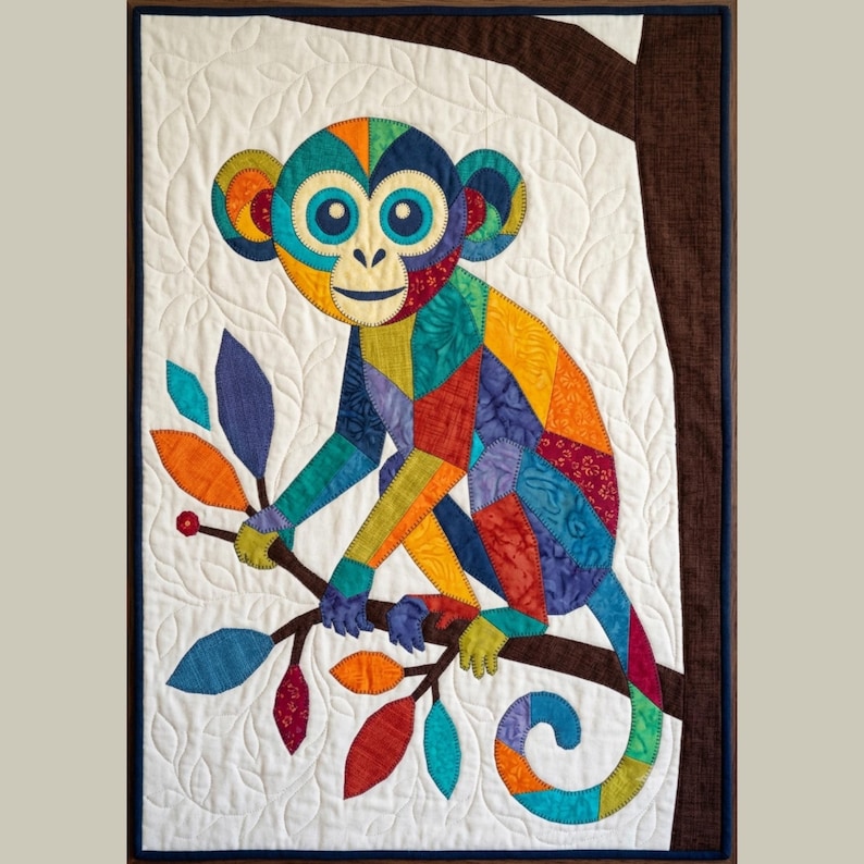 Puede incluir: Un edred&oacute;n rectangular para colgar en la pared que presenta un mono colorido y con m&uacute;ltiples patrones sentado en una rama de &aacute;rbol marr&oacute;n. El mono est&aacute; compuesto por varios parches de tela en tonos azul, naranja, amarillo, rojo y verde. El fondo es blanco con un patr&oacute;n de hojas acolchado, y toda la pieza est&aacute; enmarcada por un borde marr&oacute;n oscuro.