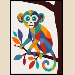 Puede incluir: Una ilustraci&oacute;n geom&eacute;trica de un mono posado en la rama de un &aacute;rbol. El mono est&aacute; compuesto por segmentos multicolores en tonos azul, naranja, amarillo, rojo y verde. La rama del &aacute;rbol presenta varias hojas coloridas sobre un fondo claro.