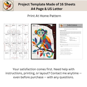 Puede incluir: Una plantilla de proyecto digital para un dise&ntilde;o de mono en patchwork, que incluye 16 hojas para impresi&oacute;n en A4 y US Letter. El conjunto presenta una cuadr&iacute;cula de l&iacute;neas, una ilustraci&oacute;n colorida del mono y una gu&iacute;a de costura con texto.