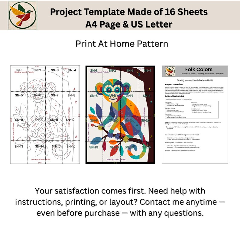 Puede incluir: Una plantilla de proyecto digital para un dise&ntilde;o de mono en patchwork, que incluye 16 hojas para impresi&oacute;n en A4 y US Letter. El conjunto presenta una cuadr&iacute;cula de l&iacute;neas, una ilustraci&oacute;n colorida del mono y una gu&iacute;a de costura con texto.