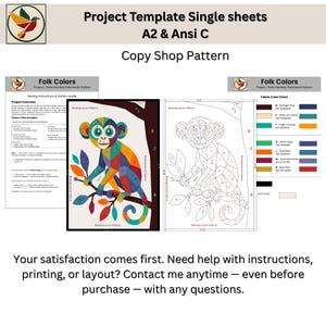 Puede incluir: Un patr&oacute;n de costura para un dise&ntilde;o de mono, que incluye una ilustraci&oacute;n codificada por colores y una plantilla de dibujo lineal correspondiente. El documento contiene el texto Project Template Single sheets A2 & Ansi C, Copy Shop Pattern y Folk Colors.