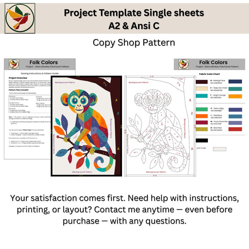 Puede incluir: Un patr&oacute;n de costura para un dise&ntilde;o de mono, que incluye una ilustraci&oacute;n codificada por colores y una plantilla de dibujo lineal correspondiente. El documento contiene el texto Project Template Single sheets A2 & Ansi C, Copy Shop Pattern y Folk Colors.
