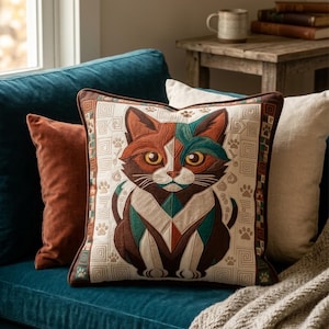 Puede incluir: Cojín cuadrado decorativo con un diseño de gato estilizado. El gato tiene patrones geométricos marrones, verdes y blancos. El cojín está bordeado en marrón y tiene un fondo crema con huellas de patas. El cojín está sobre un sofá verde azulado con otros cojines.