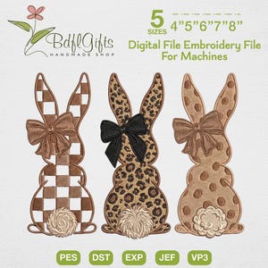 Può includere: File di ricamo digitale con tre disegni di coniglietti, ciascuno con un fiocco e una coda soffice. I coniglietti presentano diversi motivi: a scacchi, stampa leopardata e pois. L'immagine include il testo "Bdfl Gifts HANDMADE SHOP" e misure da 10 cm a 20 cm.