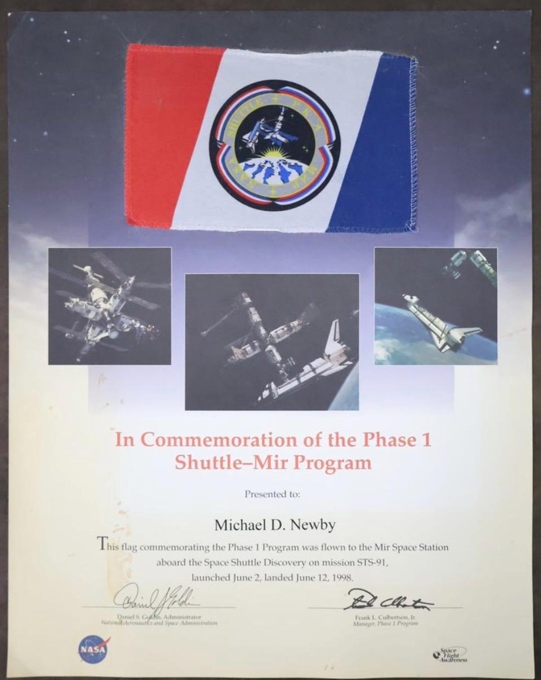 Flown NASA STS-91 Shuttle Discovery Mir Program Flag Presentation ...