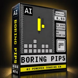 Peut inclure: Une boîte de logiciel noire et grise étiquetée Boring Pips avec le texte AI Powered Trading EA. L'avant présente un graphique en chandeliers jaune, des blocs pixélisés et des étiquettes Version 4.40, No Over Fitting et No Scam EA. Le côté affiche MT4.