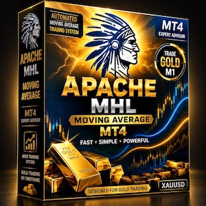 May include: A rectangular box for the Apache MHL automated moving average trading system for MT4. The black and gold packaging features a graphic of a person in a headdress, gold bars, and trading charts with the text Fast, Simple, Powerful.