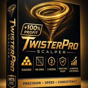 Puede incluir: Una caja rectangular negra para el software TwisterPro Scalper con un gráfico de tornado dorado. El texto incluye +100% PROFIT, XAUUSD, NO GRID, 2 MODES, PROP FIRM READY, 6 MONTHS LIVE SIGNAL, MT5 EXPERT ADVISOR y PRECISION • SPEED • CONSISTENCY.