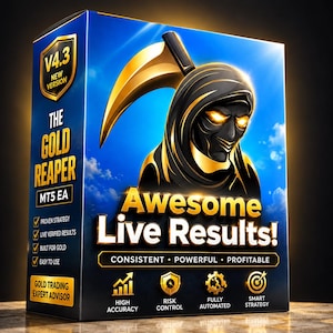 Può includere: Una scatola di prodotto rettangolare con uno sfondo di cielo blu e una figura di mietitore dorata che tiene una falce. Il testo recita V4.3 NEW VERSION, THE GOLD REAPER, MT5 EA, AWESOME LIVE RESULTS!, CONSISTENT, POWERFUL, PROFITABLE e GOLD TRADING EXPERT ADVISOR.